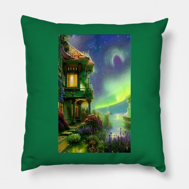 House by the Lake in the Galaxy Pillow by ArtStudioMoesker