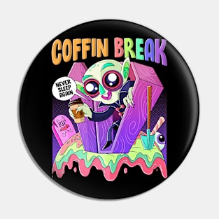 Cute but Scary Coffeeratu Count Vampire Coffin Coffee Break Pin