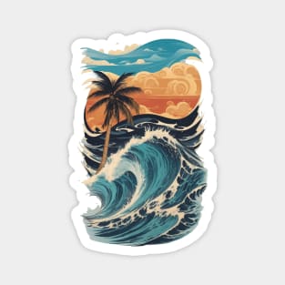 waves palm tree beautiful sunset beach graphic Magnet