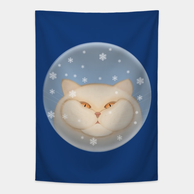 Winter cat. Cat in a glass ball with snowflakes Tapestry by KateQR