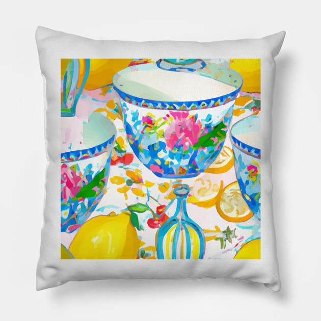 Lemons and chinoiserie bowls Pillow by SophieClimaArt