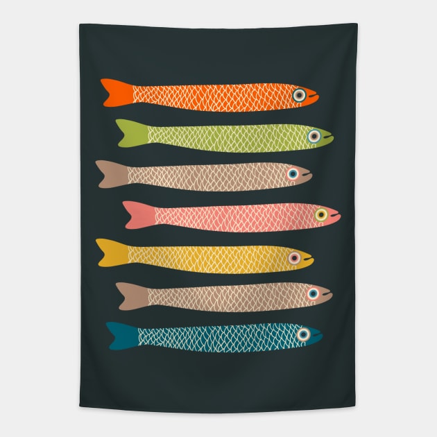 ANCHOVIES Bright Graphic Fun Groovy Fish in Vintage Orange Yellow Pink Blue Green Beige on Charcoal - Horizontal Layout - UnBlink Studio by Jackie Tahara Tapestry by UnBlink Studio by Jackie Tahara