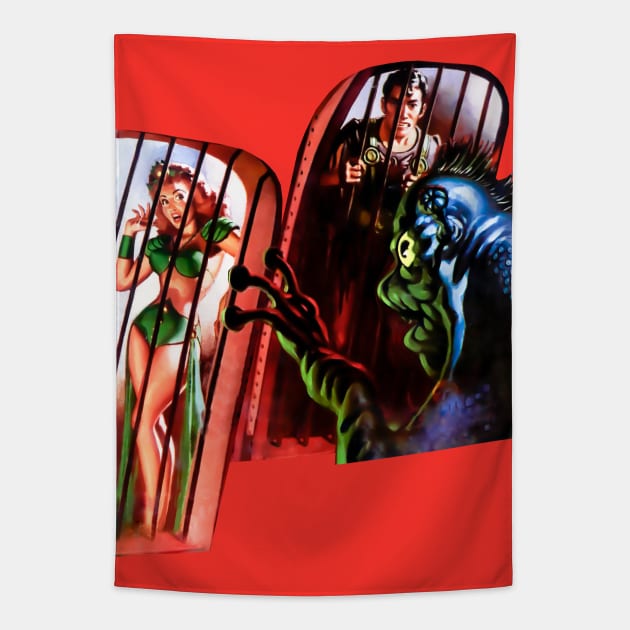 Sexy Woman Man from Planet Earth Prisoners of Alien Monster Cage Bar Retro Comic Vintage Cartoon Tapestry by REVISTANGO