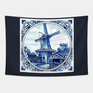 Dutch Blue Delft Large Windmill Scene Print Tapestry