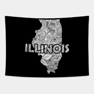 Mandala art map of Illinois with text in white Tapestry