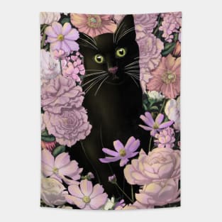Little Black Garden Cat - Pink Flowers Tapestry