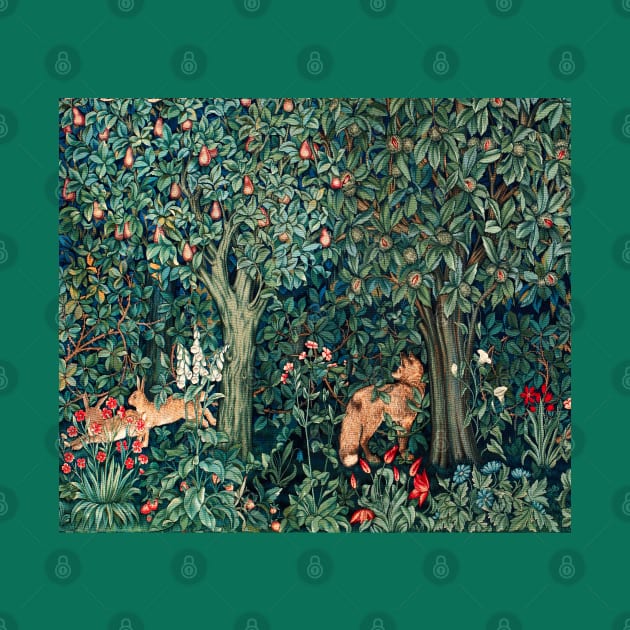 GREENERY, FOREST ANIMALS Fox and Hares Blue Green Floral Tapestry by BulganLumini