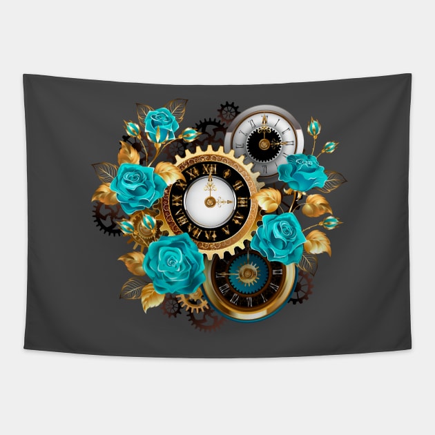 Steampunk Striped Background with Clock and Turquoise Roses Tapestry by Blackmoon9