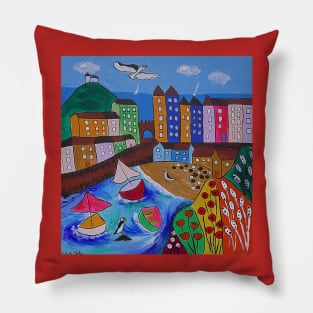 Colourful Naive view of Tenby Pillow