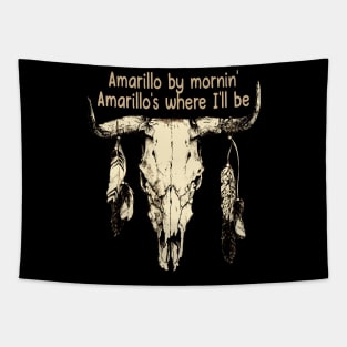 Amarillo By Mornin' Amarillo's Where I'll Be Skull Bull Vintage Feather Tapestry