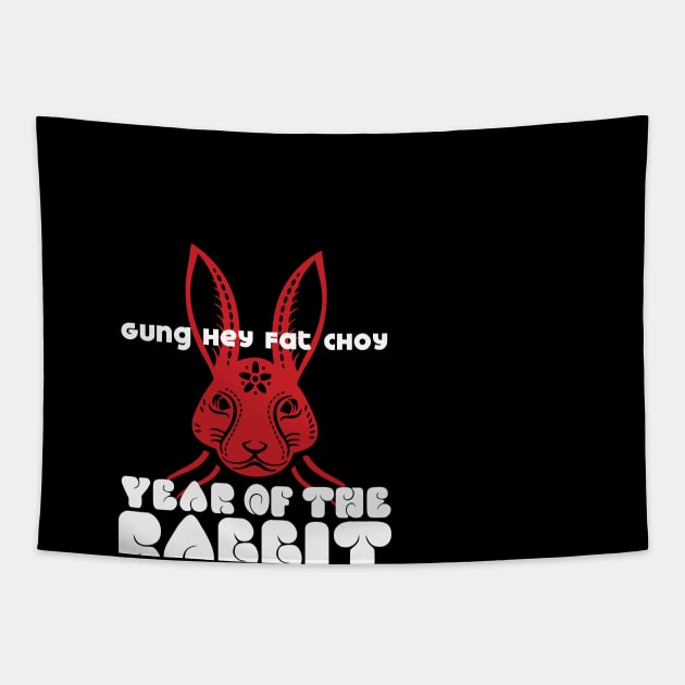 Chinese New Year, Year of the Rabbit 2023, Gung Hay Fat Choy No. 2 on Dark Background Tapestry by Puff Sumo