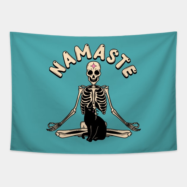 Yoga Namaste Black Cat in blue Tapestry by The Charcoal Cat Co.