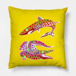 shark and crocodile gator ecopop color floral swamp design art Pillow