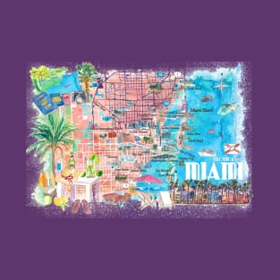 Miami Florida Illustrated Travel Map with Roads and Highlights T-Shirt