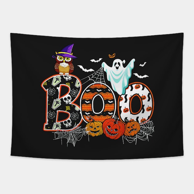 vintage Boo Creepy Owl Pumpkin Ghost Funny Halloween Costume Tapestry by masterpiecesai