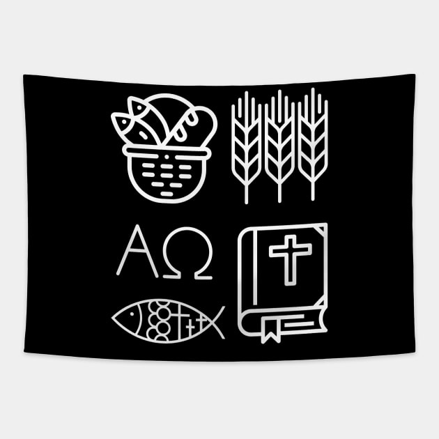 Black and White Christian Symbols Alpha, Omega, Wheat, Harvest, Bible, Fish, Bread Tapestry by Mission Bear