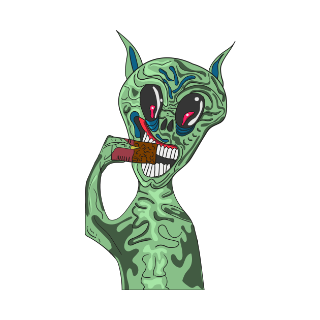 Spooky Cartoon Alien Eating A Chocolate Bar by VE_Merchandise
