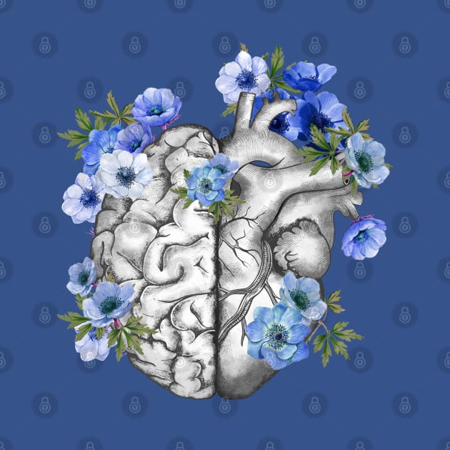 Right balance between head or brain and heart, Half heart and brain, blue anemones flowers anemoneus by Collagedream