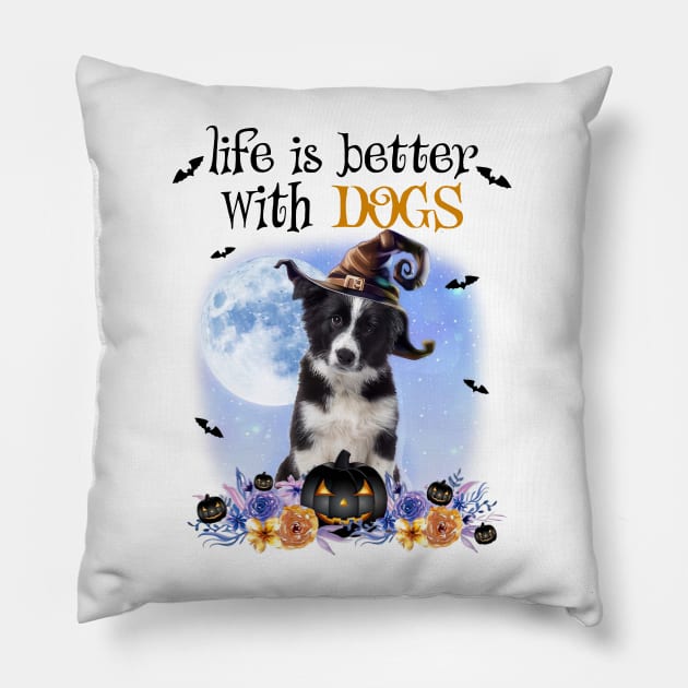 Border Collie Witch Hat Life Is Better With Dogs Halloween Pillow by Marcelo Nimtz