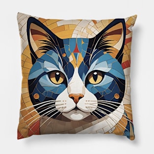 Gustav Klimt's Chromatic Cat: Colorful Feline Illustration Pillow