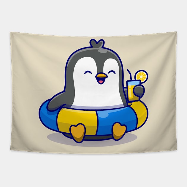 Cute Penguin With Swimming Tires And Orange Juice Cartoon Tapestry by Catalyst Labs