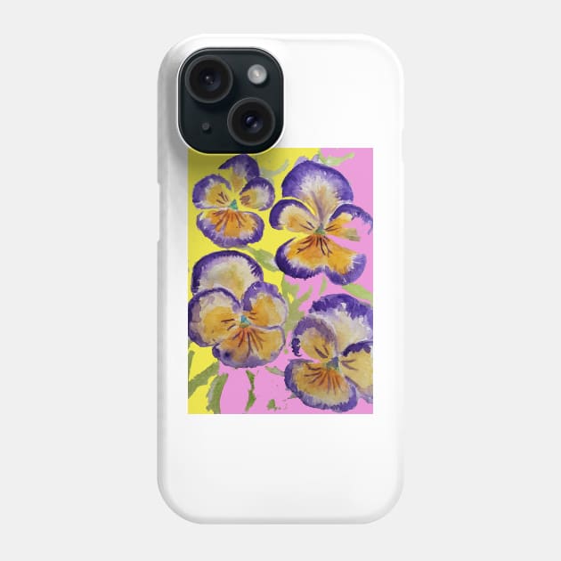 Viola Watercolor Purple Floral Pattern on Yellow and Pink Phone Case by SarahRajkotwala