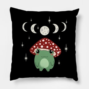 Mushroom Hat Kawaii Frog with Moon Phases Pillow