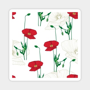 Poppy flowers/wild flowers/white lines poppy/red background/poppy/large scale/summer time/cotton/white flowers Magnet