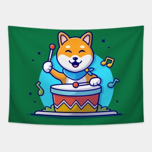 Cute Dog Playing Drum with Stick, Tune and Notes of Music Cartoon Vector Icon Illustration Tapestry