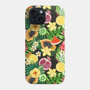 Tropical mix-fruit, flowers and leaves on black Phone Case