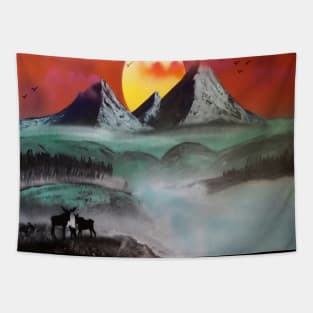 Moose family mountain Tapestry