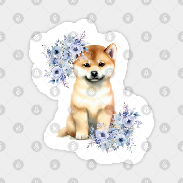 Cute Shiba Inu Dog with Flowers Watercolor Art Magnet by AdrianaHolmesArt