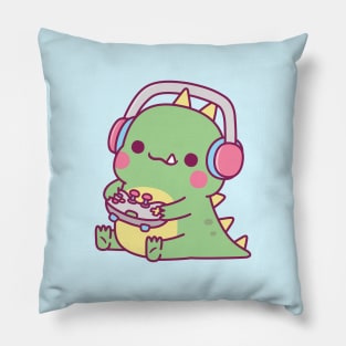 Cute Little Dinosaur Playing Video Games Pillow