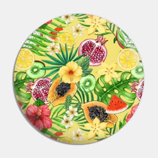 Tropical mix-fruit, flowers and leaves on yellow Pin