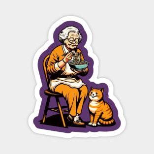 Grandma sitting on a chair with a cat, both enjoying noodles Magnet