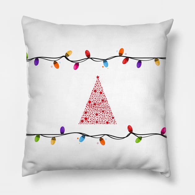 Colorful Christmas light bulb frame with made of red stars Christmas tree Pillow by GULSENGUNEL