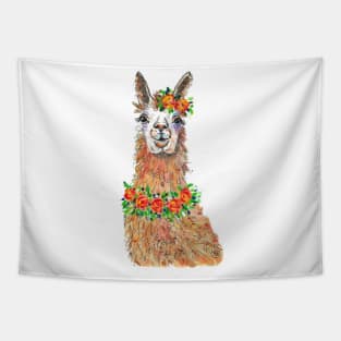 Cute Alpaca, Llama with flowers Tapestry