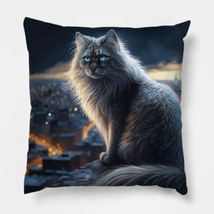 Siberian Cat And A Glowing City Pillow