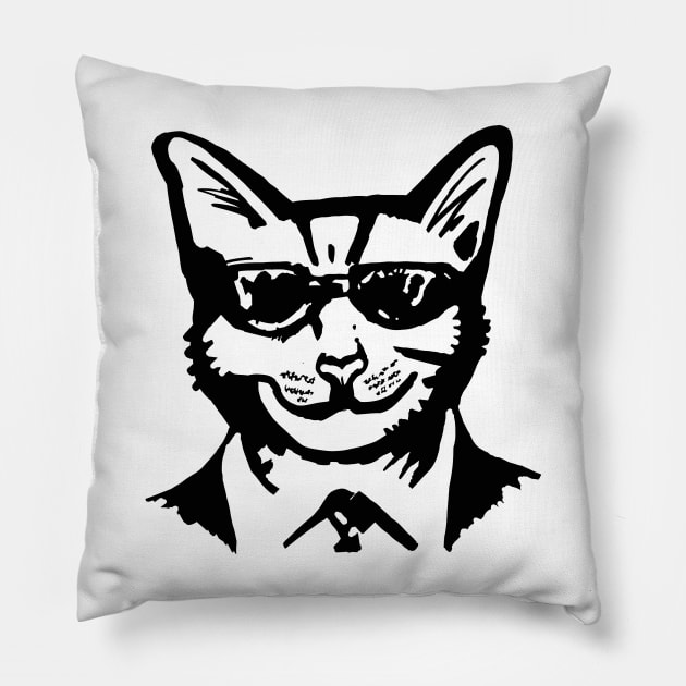 Cat as DB Cooper in sunglasses Pillow by wildjellybeans