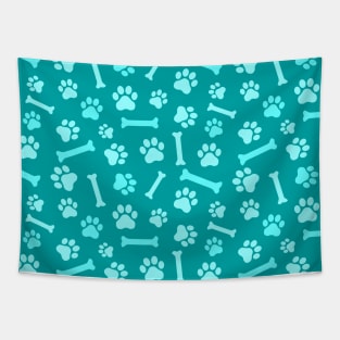 Pet - Cat or Dog Paw Footprint and Bone Pattern in Blue Tones Tapestry