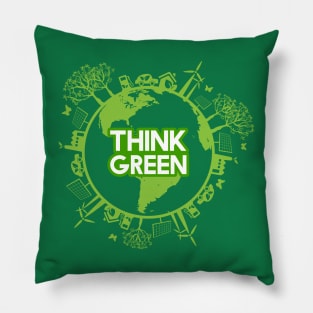 Think green lettering design inside earth globe surrounded by clean energy Pillow