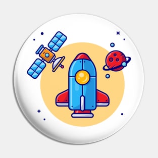 Space Shuttle Flying with Planet and Satellite Space Cartoon Vector Icon Illustration Pin