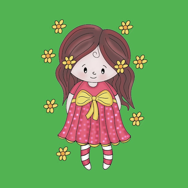 Cute little Bella girl with flowers red dress and yellow bow by Sophia Cute Enchanting doodle Art Diaries