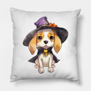 Watercolor Beagle Dog in Witch Hat Pillow