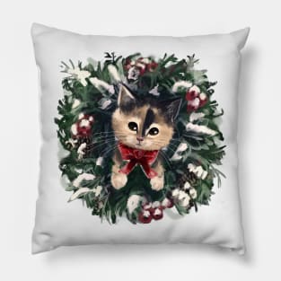 Christmas Kitten and Wreath Pillow