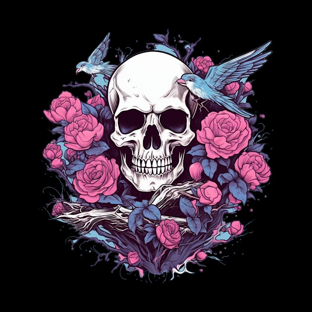 Skull with Birds and Floral Roses by TOKEBI