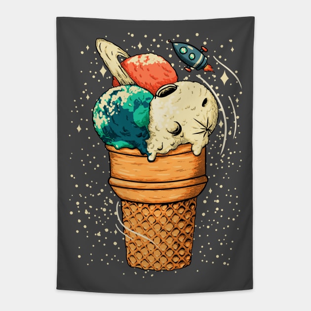 Space Ice Cream - Triple Scoop Cone Planet, Vanilla Moon, Pappermint Mint Chocolate Chip Earth, Melon, Cantaloupe, Muskmelon Saturn Tapestry by anycolordesigns