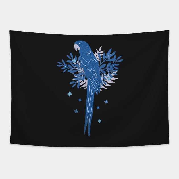 Blue Ara parrot with Tropical Leaves on Black Tapestry by OneLook