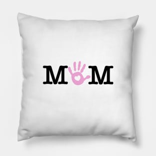 MOM text. Baby hand print with heart. Pillow