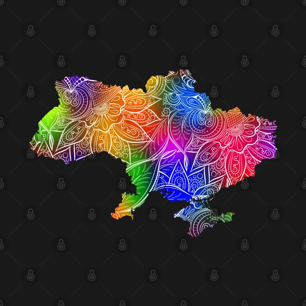 Colorful mandala art map of Ukraine with text in multicolor pattern by Happy Citizen